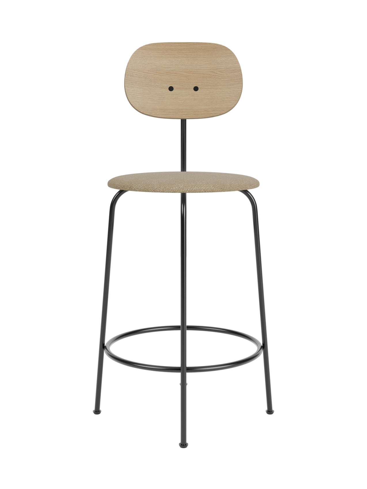 Afteroom Counter Chair Plus featuring a natural oak backrest and beige bouclé seat on a slim black metal frame.