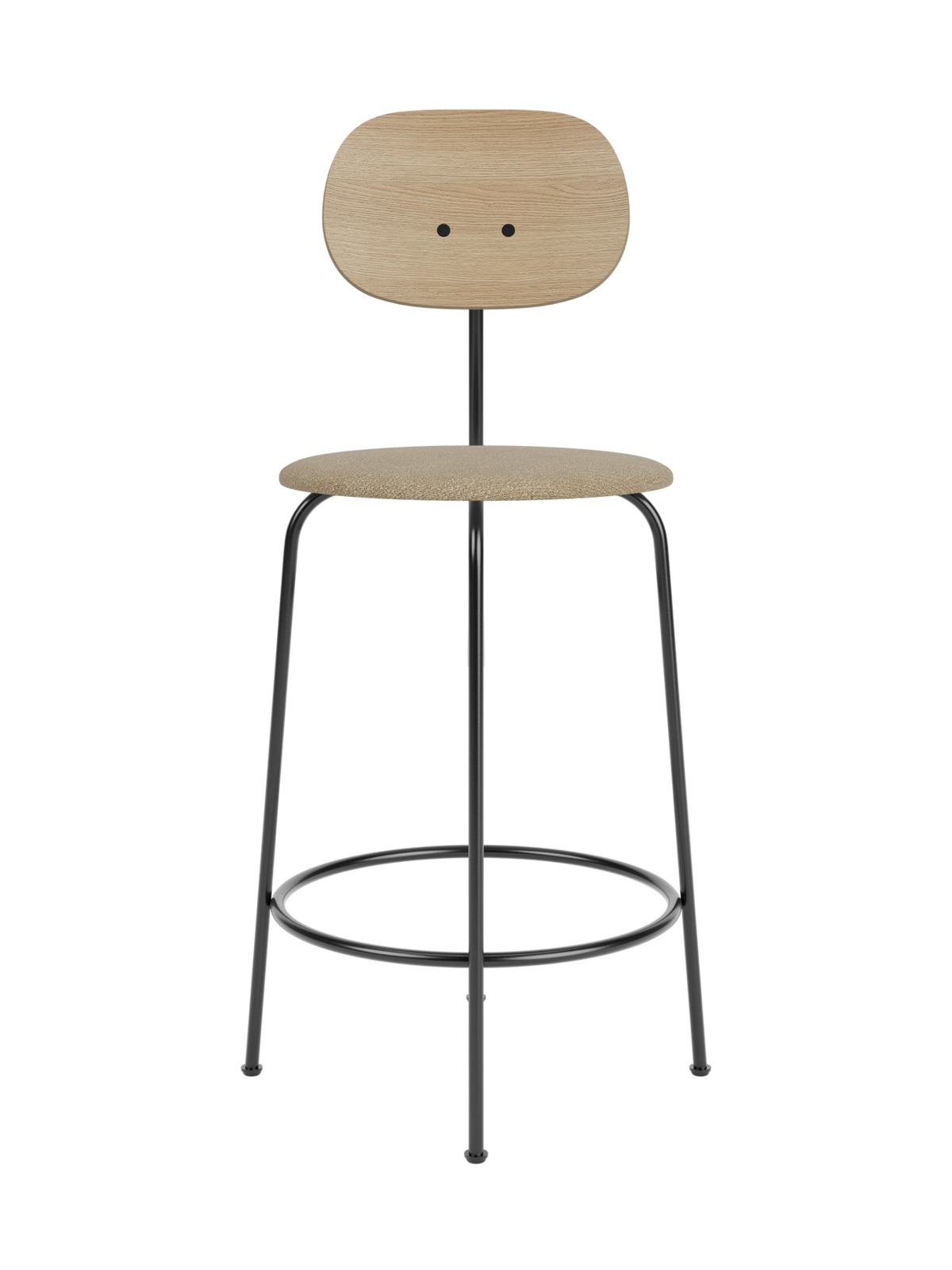 Afteroom Counter Chair Plus featuring a natural oak backrest and beige bouclé seat on a slim black metal frame.