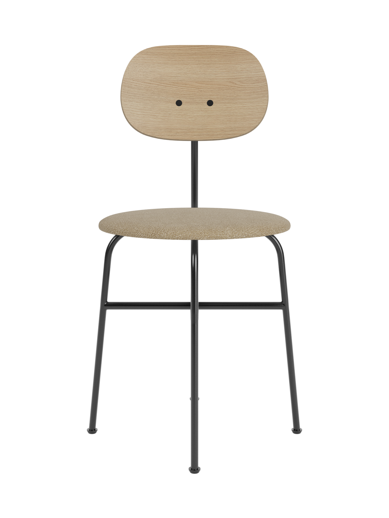 Afteroom Dining Chair Plus featuring a natural oak backrest and Audo bouclé seat on a black powder-coated steel frame.