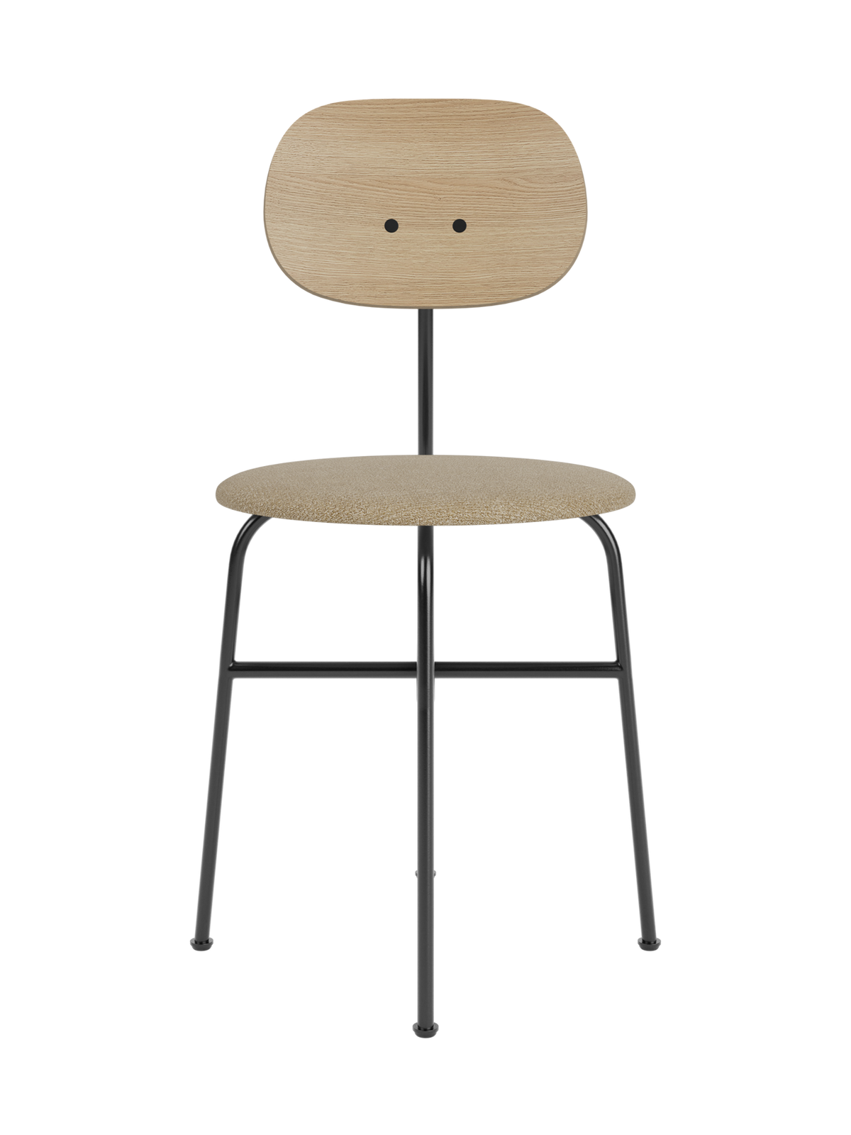 Afteroom Dining Chair Plus featuring a natural oak backrest and Audo bouclé seat on a black powder-coated steel frame.