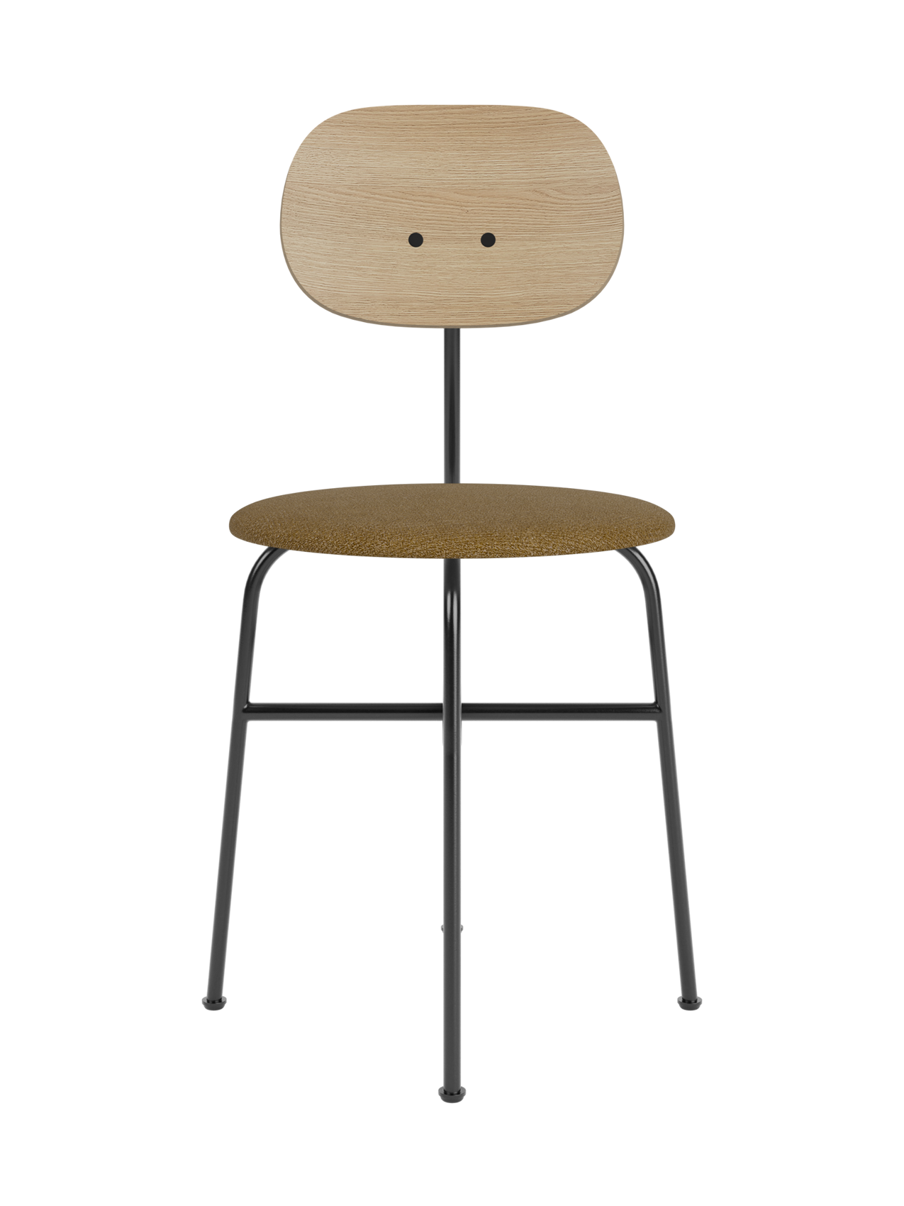 Afteroom Dining Chair Plus featuring a natural oak backrest, brown bouclé seat and a minimalist black steel frame.