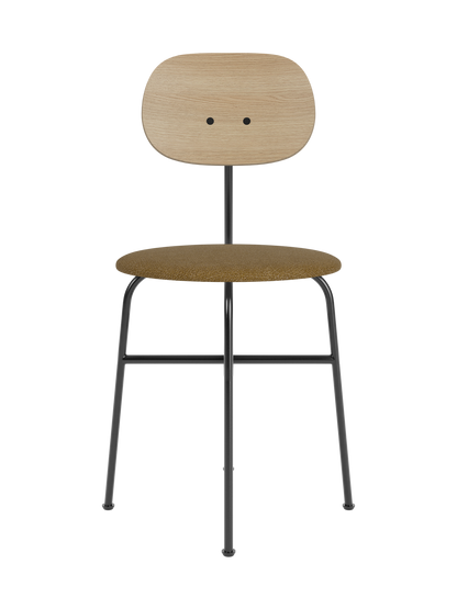 Afteroom Dining Chair Plus featuring a natural oak backrest, brown bouclé seat and a minimalist black steel frame.