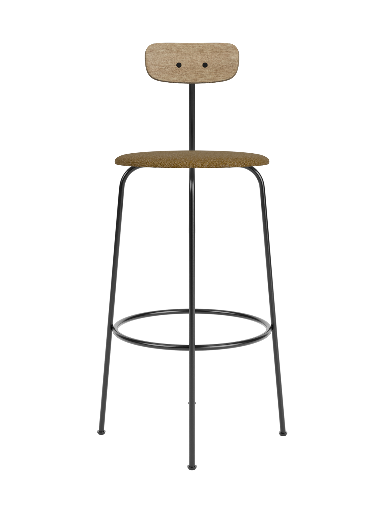 Afteroom Bar Chair featuring a black steel frame, natural oak backrest and a brown bouclé upholstered seat.