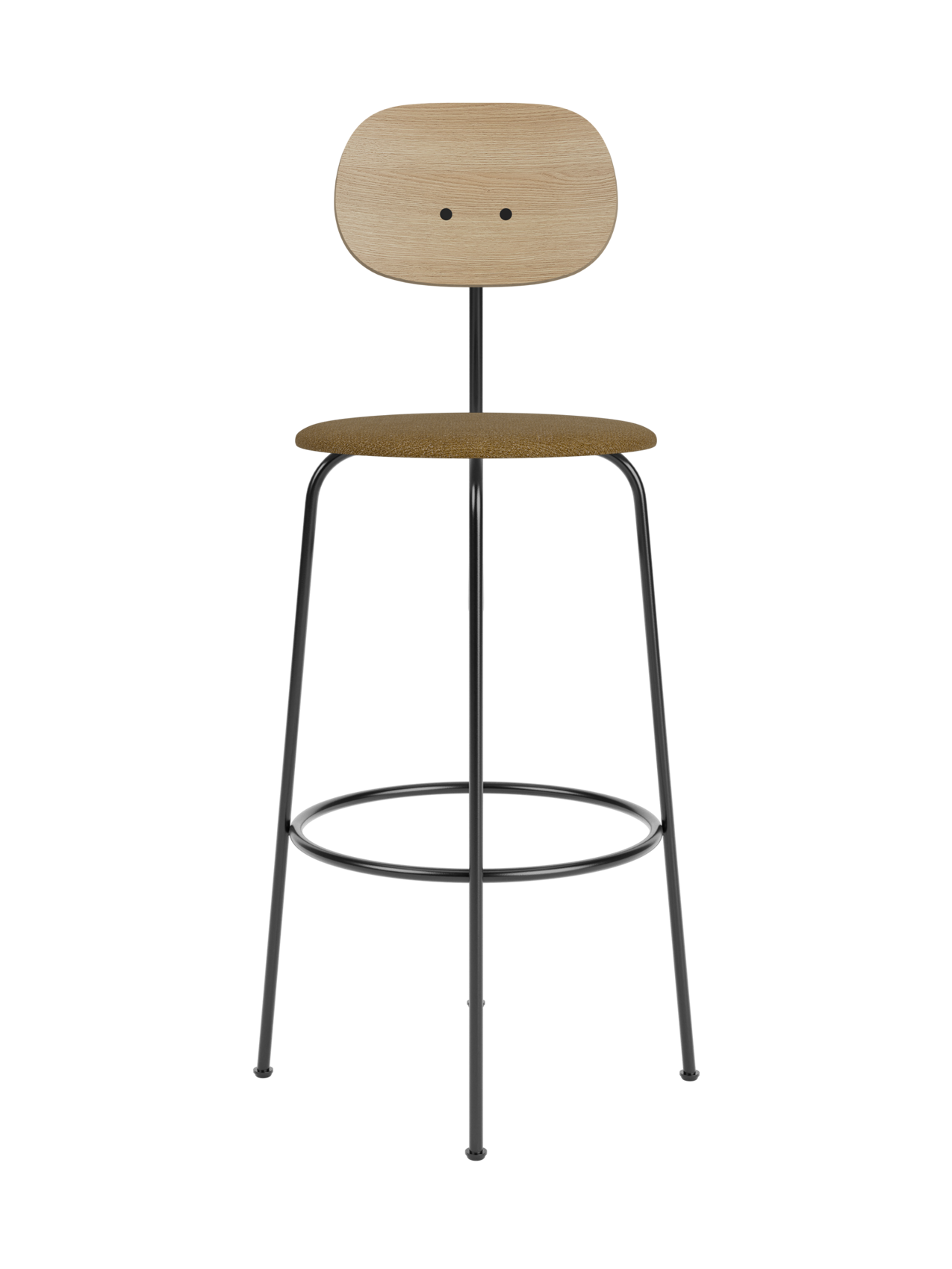 Afteroom Bar Chair Plus featuring a natural oak backrest and brown bouclé seat on a minimalist black steel frame.