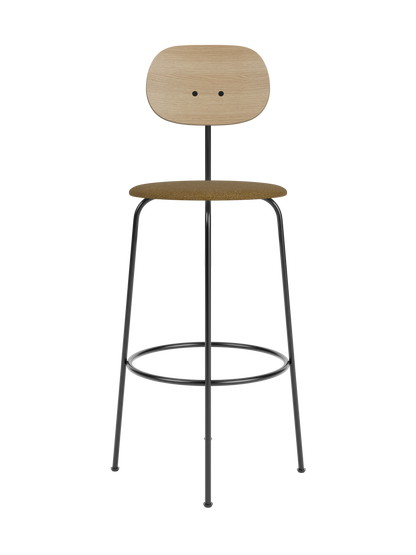 Afteroom Bar Chair Plus featuring a natural oak backrest and brown bouclé seat on a minimalist black steel frame.