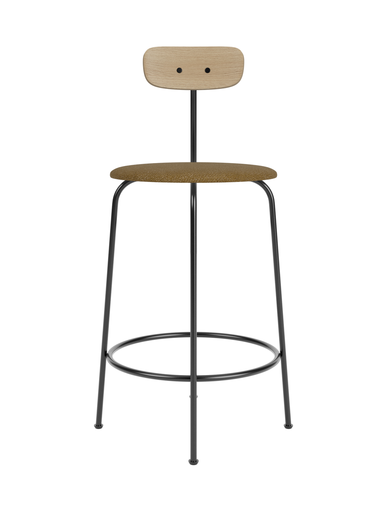 Afteroom Counter Chair with brown Audo Bouclé 06 upholstered seat, natural oak backrest and black steel frame.