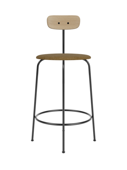 Afteroom Counter Chair with brown Audo Bouclé 06 upholstered seat, natural oak backrest and black steel frame.
