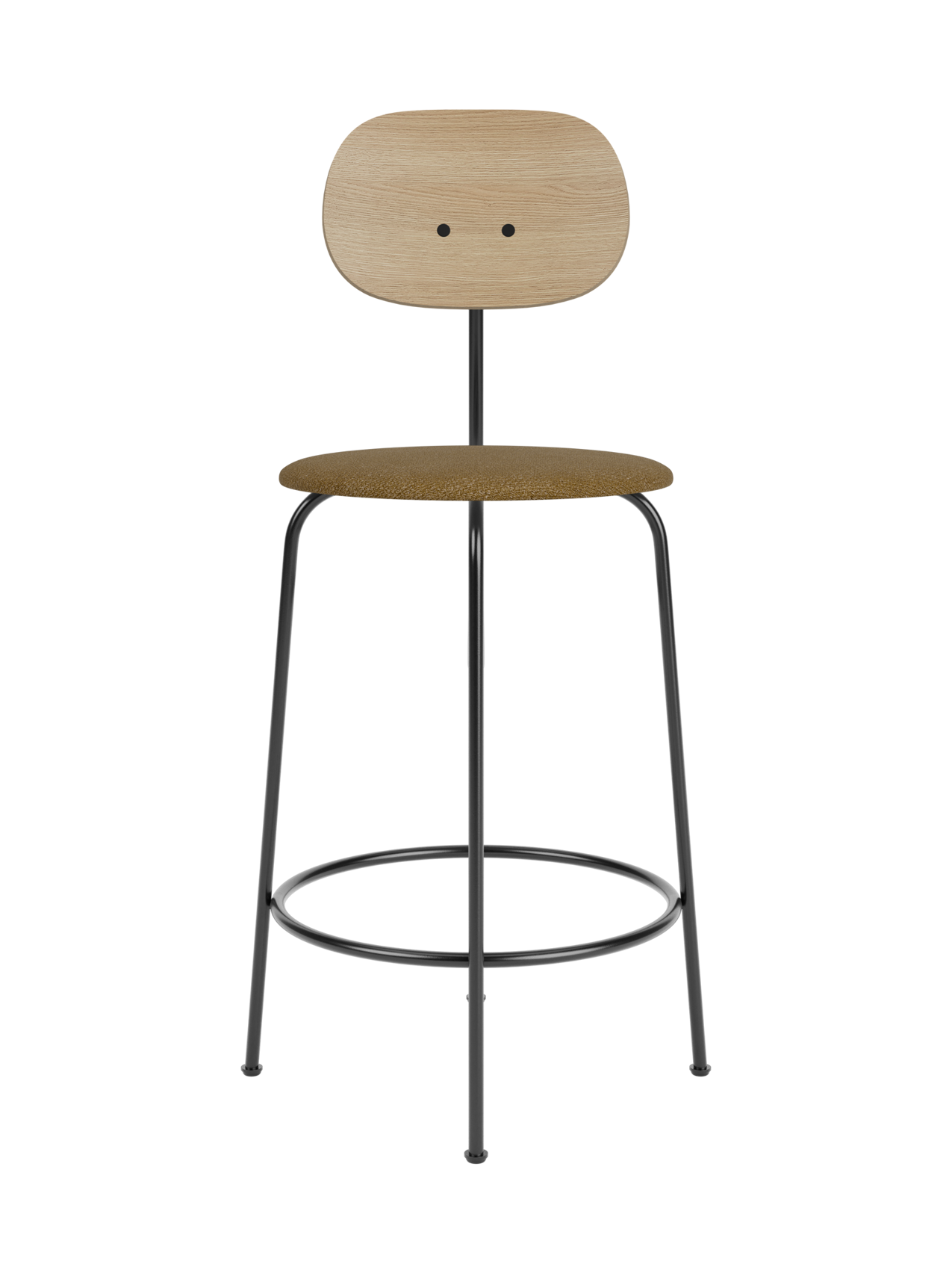 Afteroom Counter Chair Plus with natural oak back and brown bouclé upholstered seat on a black steel frame.