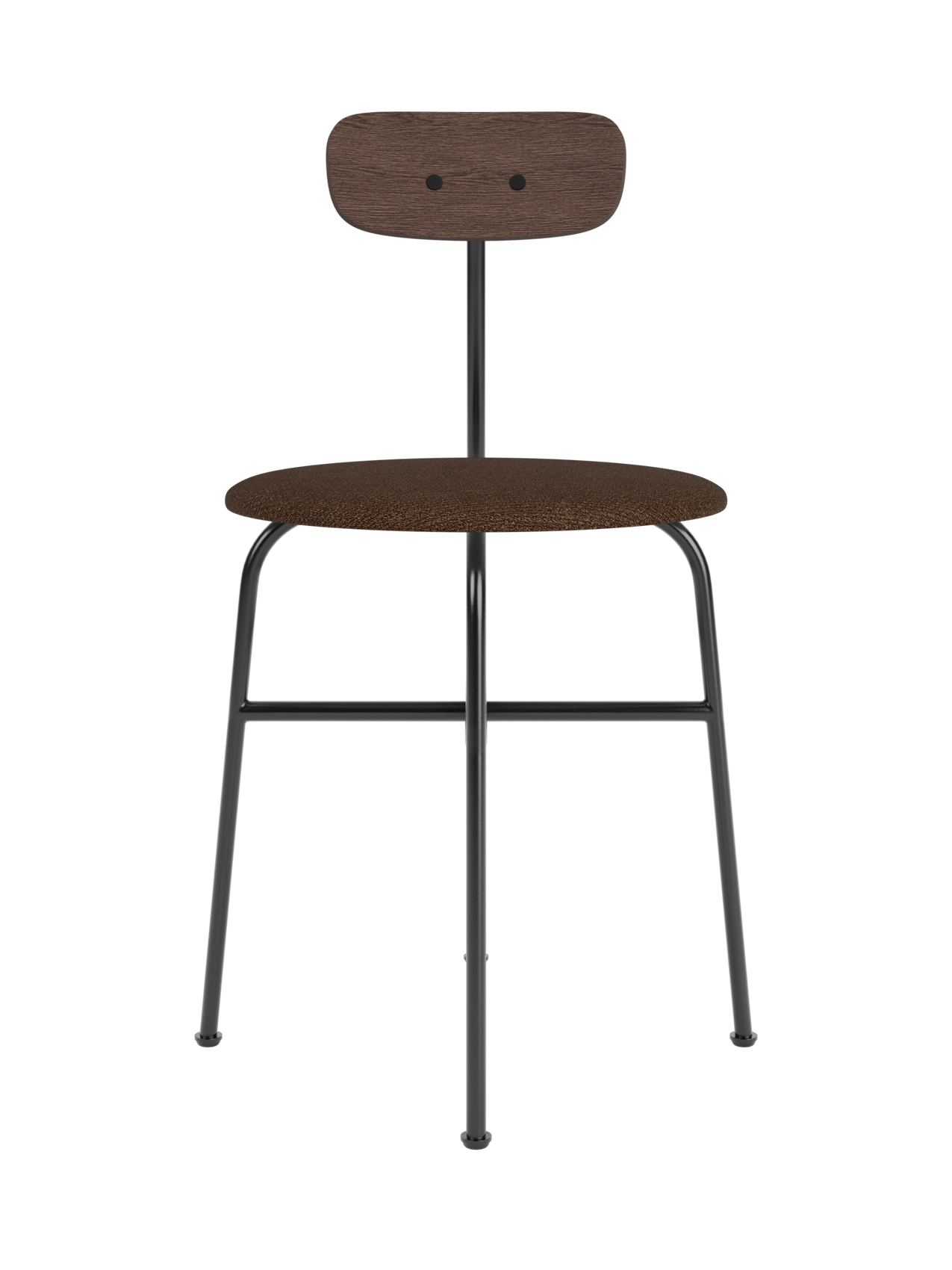 Afteroom Dining Chair featuring a dark stained oak backrest and brown Audo Bouclé seat on a black powder-coated steel frame.