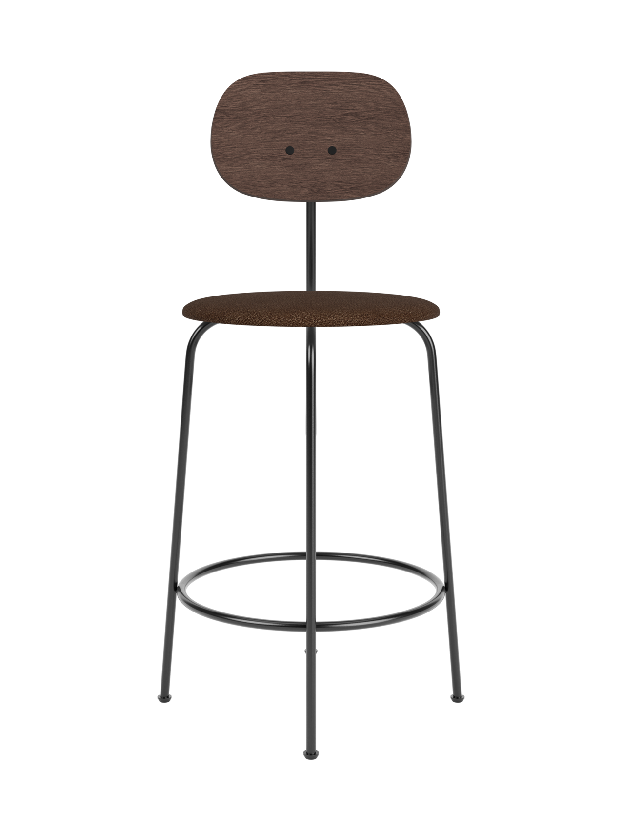 Afteroom Counter Chair Plus with a dark stained oak backrest and brown bouclé upholstered seat on a black metal frame.