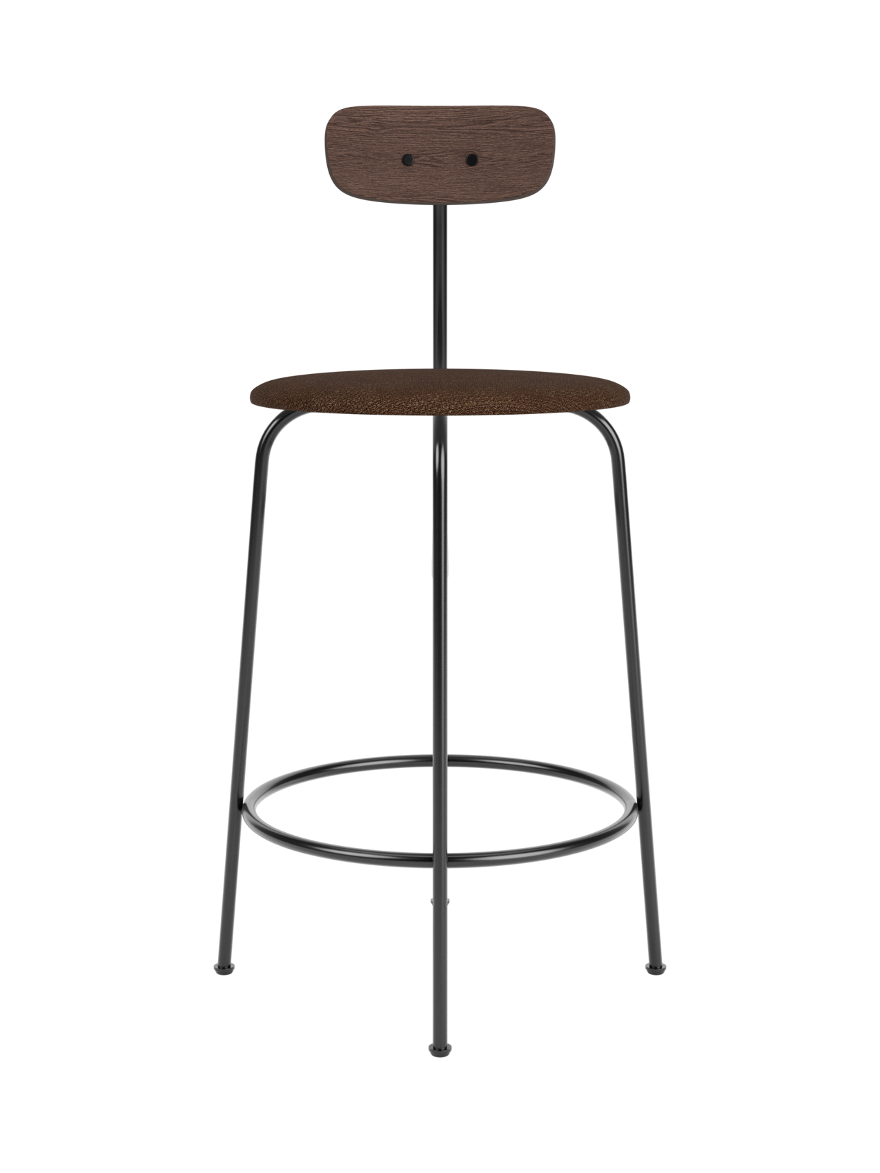 Afteroom Counter Chair with dark stained oak backrest and brown bouclé upholstered seat on a sleek black steel frame.