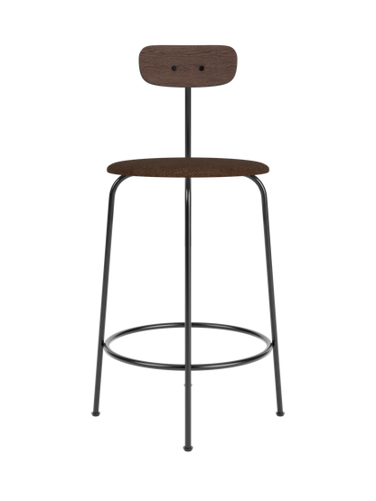 Afteroom Counter Chair with dark stained oak backrest and brown bouclé upholstered seat on a sleek black steel frame.