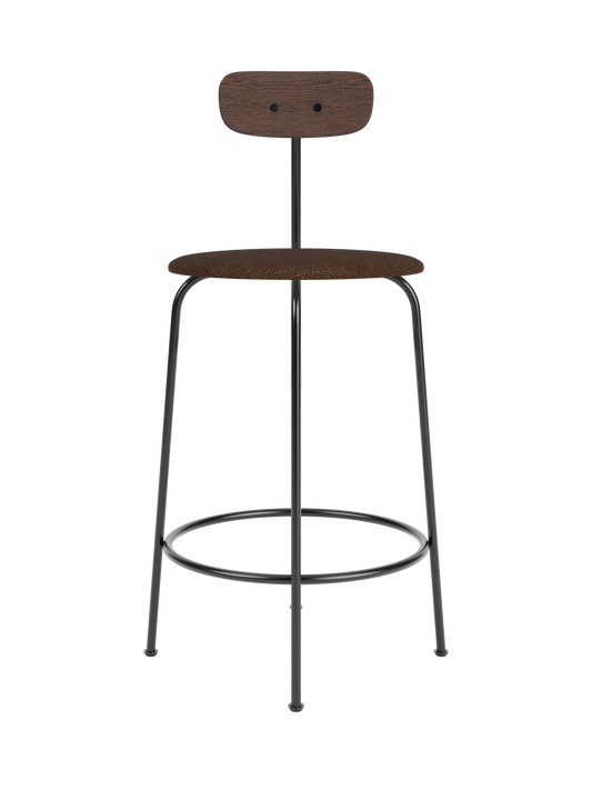 Afteroom Counter Chair with dark stained oak backrest and brown bouclé upholstered seat on a sleek black steel frame.