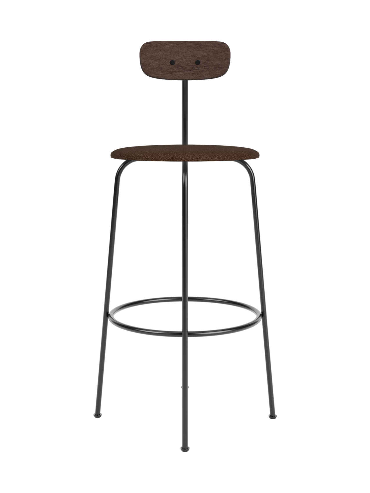 Afteroom Bar Chair with a brown bouclé upholstered seat and dark stained oak backrest on a minimalist black metal frame.