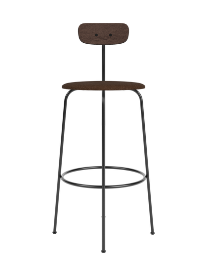 Afteroom Bar Chair with a brown bouclé upholstered seat and dark stained oak backrest on a minimalist black metal frame.