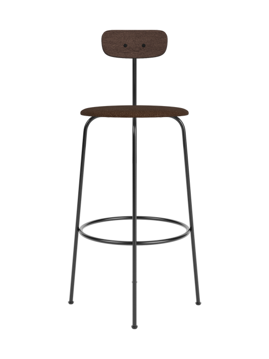 Afteroom Bar Chair with a brown bouclé upholstered seat and dark stained oak backrest on a minimalist black metal frame.
