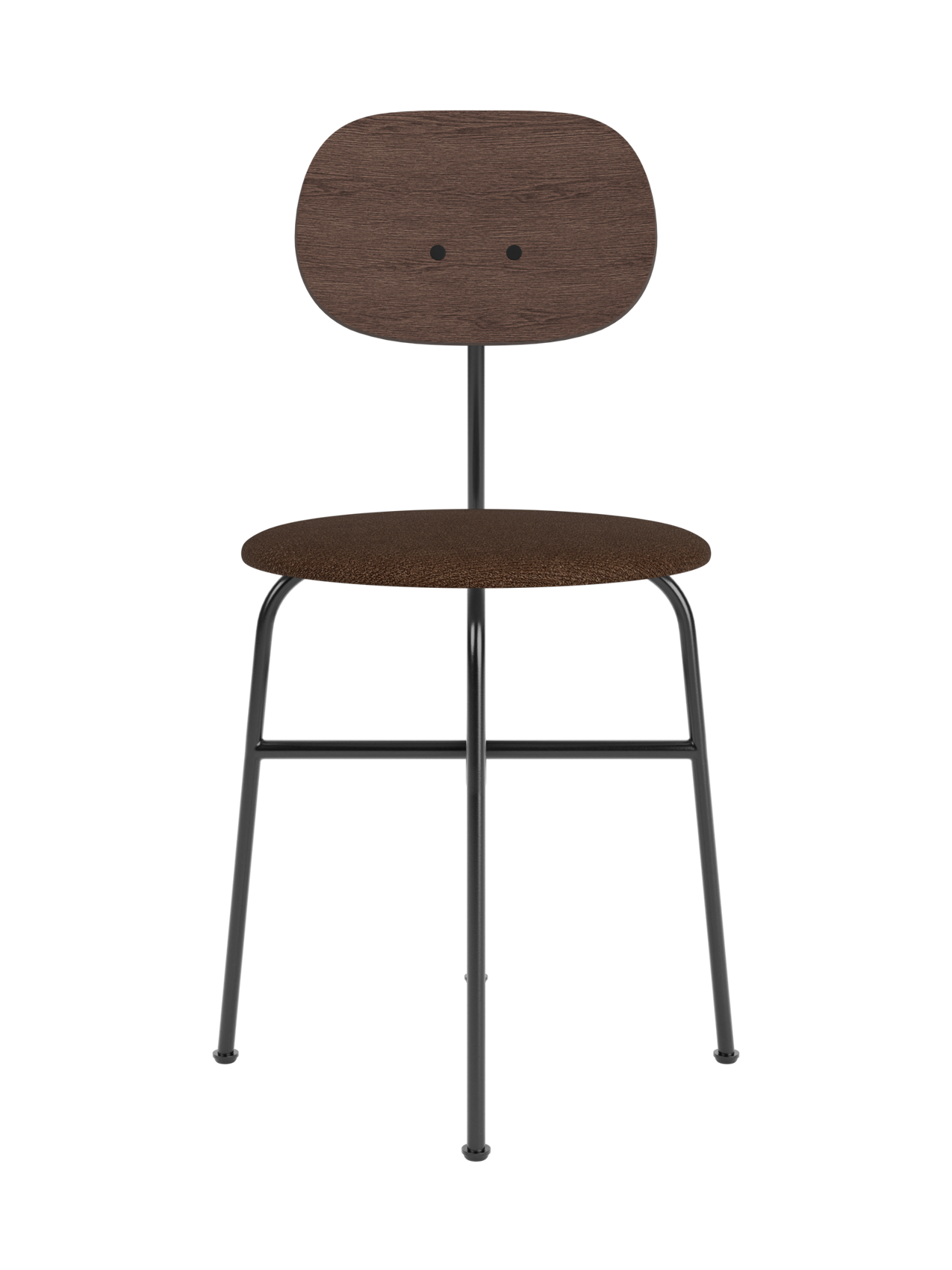 Dark stained oak Afteroom Dining Chair Plus with a brown bouclé seat and minimalist black steel frame.