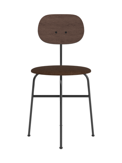Dark stained oak Afteroom Dining Chair Plus with a brown bouclé seat and minimalist black steel frame.