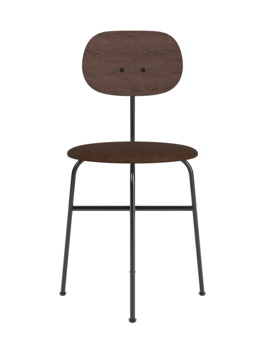 Dark stained oak Afteroom Dining Chair Plus with a brown bouclé seat and minimalist black steel frame.