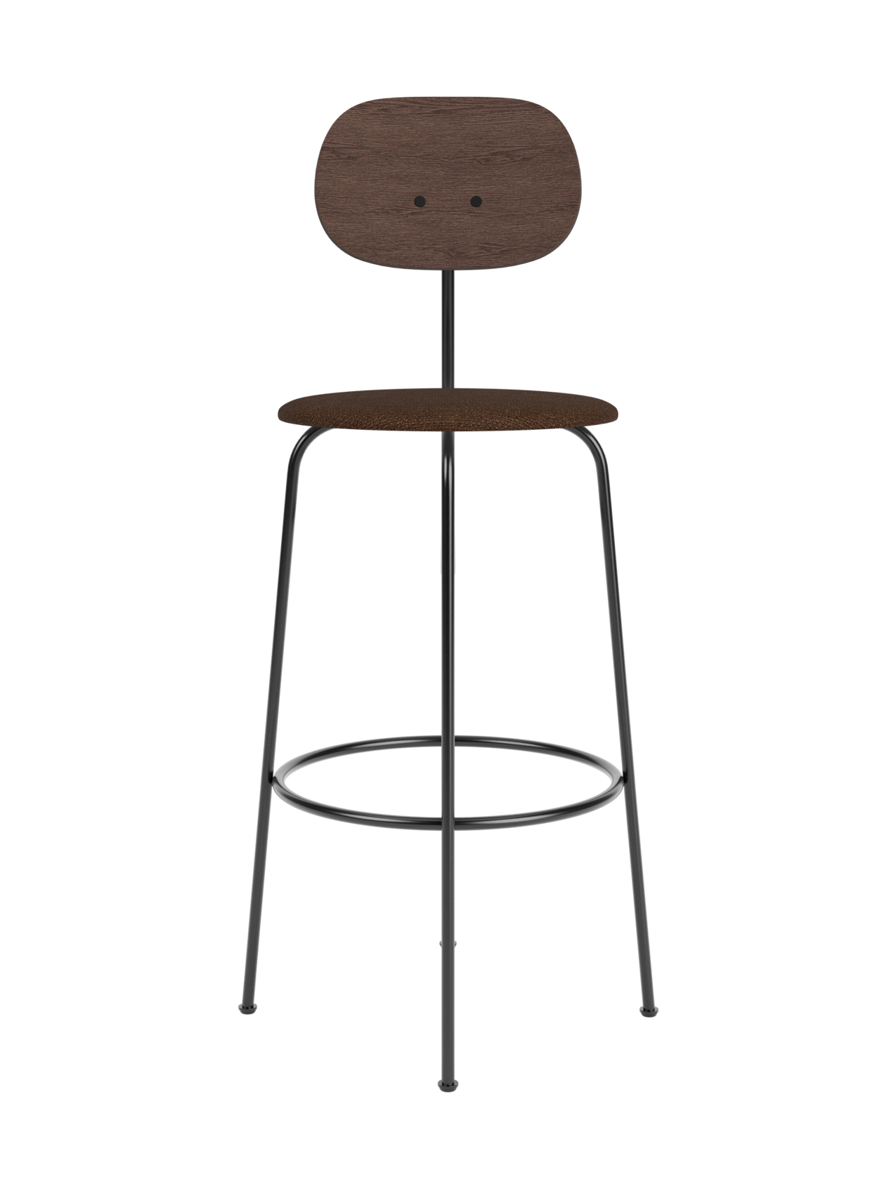 Afteroom Bar Chair Plus with dark stained oak backrest and brown bouclé upholstered seat on a black steel frame.
