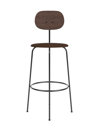 Afteroom Bar Chair Plus with dark stained oak backrest and brown bouclé upholstered seat on a black steel frame.