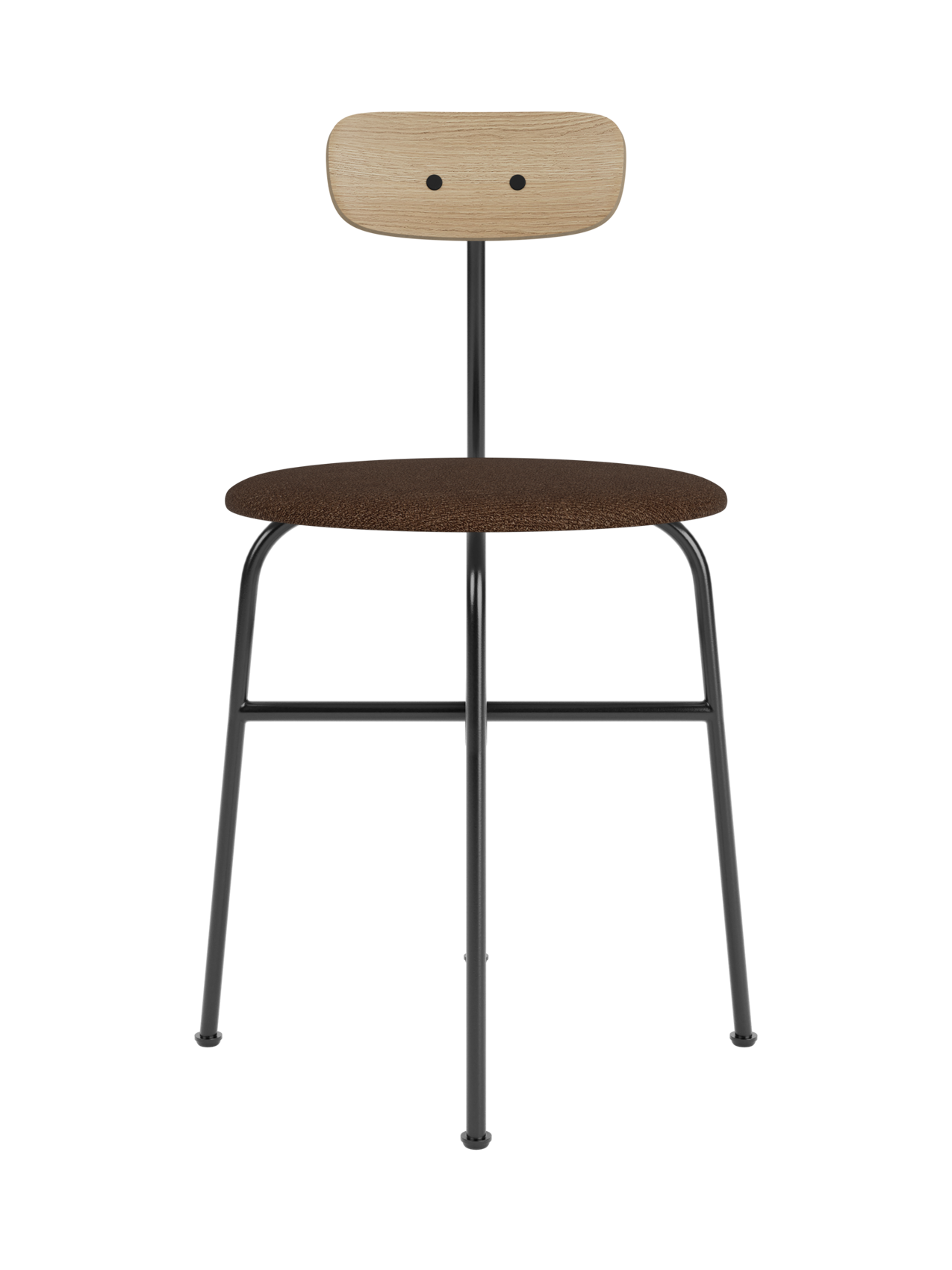 Afteroom Dining Chair with a dark brown bouclé seat, natural oak backrest and black powder-coated steel frame.