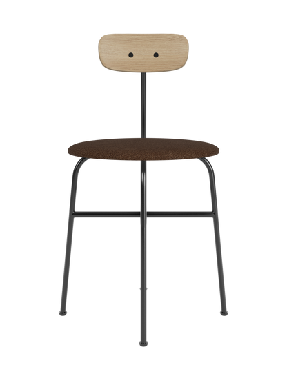 Afteroom Dining Chair with a dark brown bouclé seat, natural oak backrest and black powder-coated steel frame.