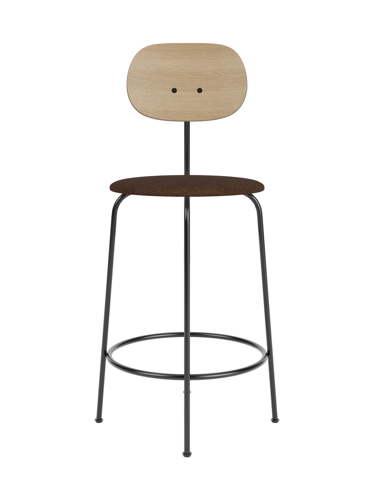 Afteroom Counter Chair Plus with natural oak backrest and brown bouclé seat on a black powder-coated steel frame.