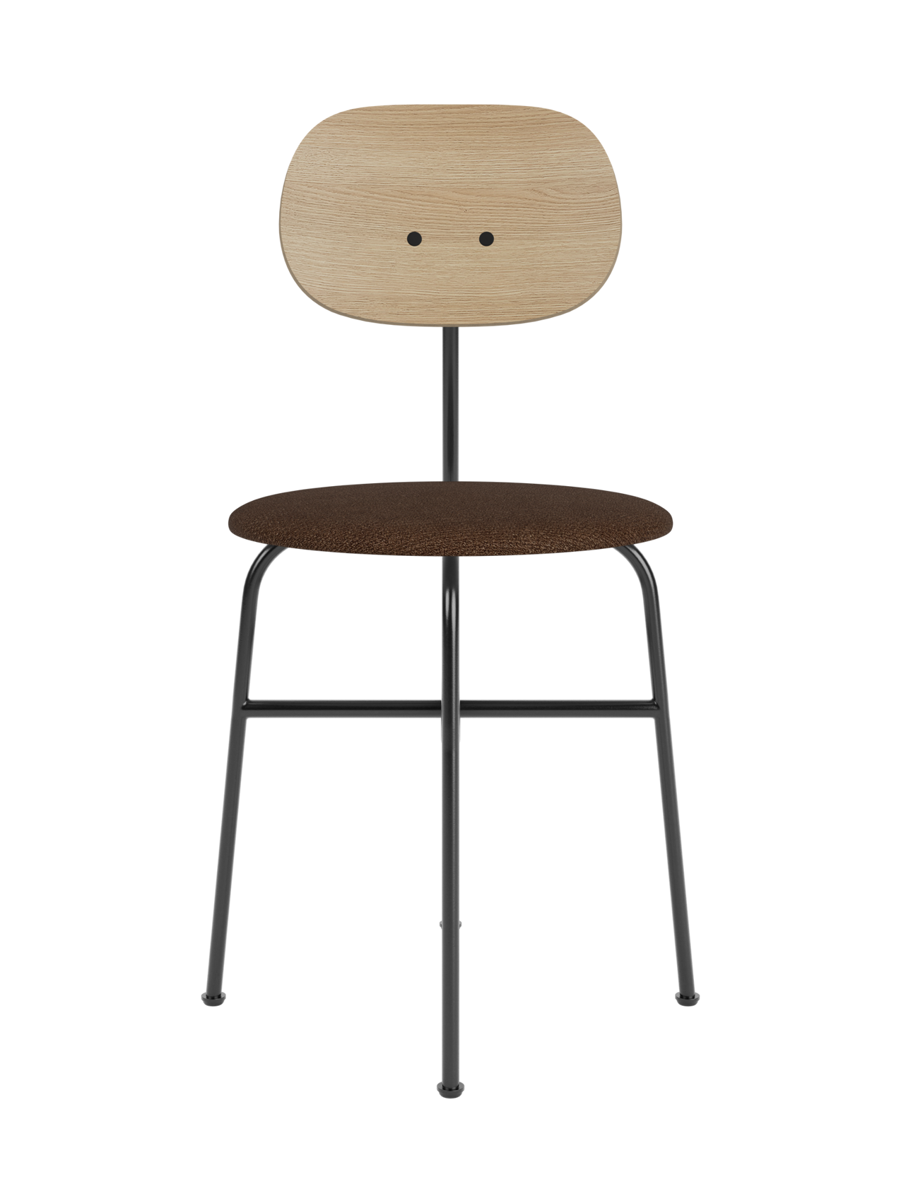 Afteroom Dining Chair Plus featuring a natural oak backrest and brown boucle upholstered seat on a black steel frame.
