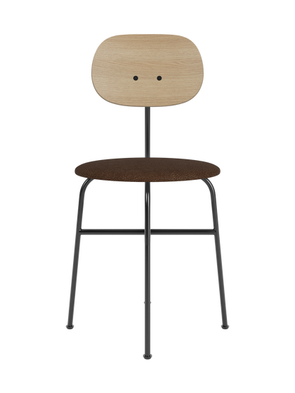Afteroom Dining Chair Plus featuring a natural oak backrest and brown boucle upholstered seat on a black steel frame.