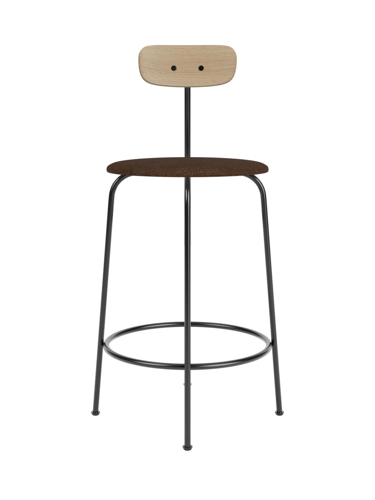 Afteroom Counter Chair featuring a black metal frame, brown bouclé upholstered seat and a light natural oak backrest.