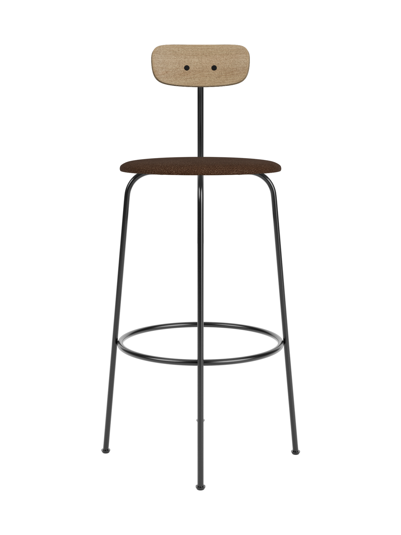 Minimalist Afteroom Bar Chair featuring a natural oak backrest and brown bouclé seat on a black steel frame.