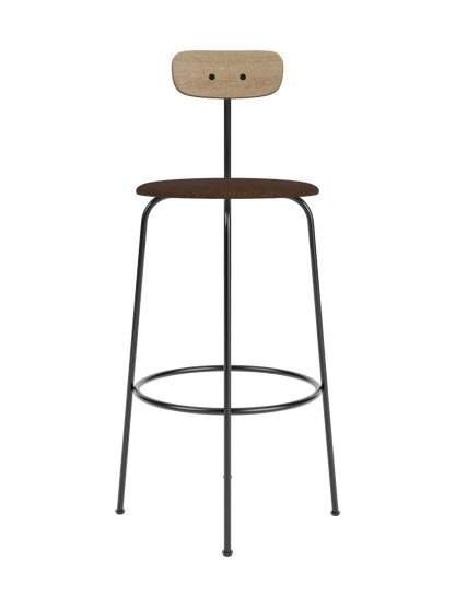 Minimalist Afteroom Bar Chair featuring a natural oak backrest and brown bouclé seat on a black steel frame.