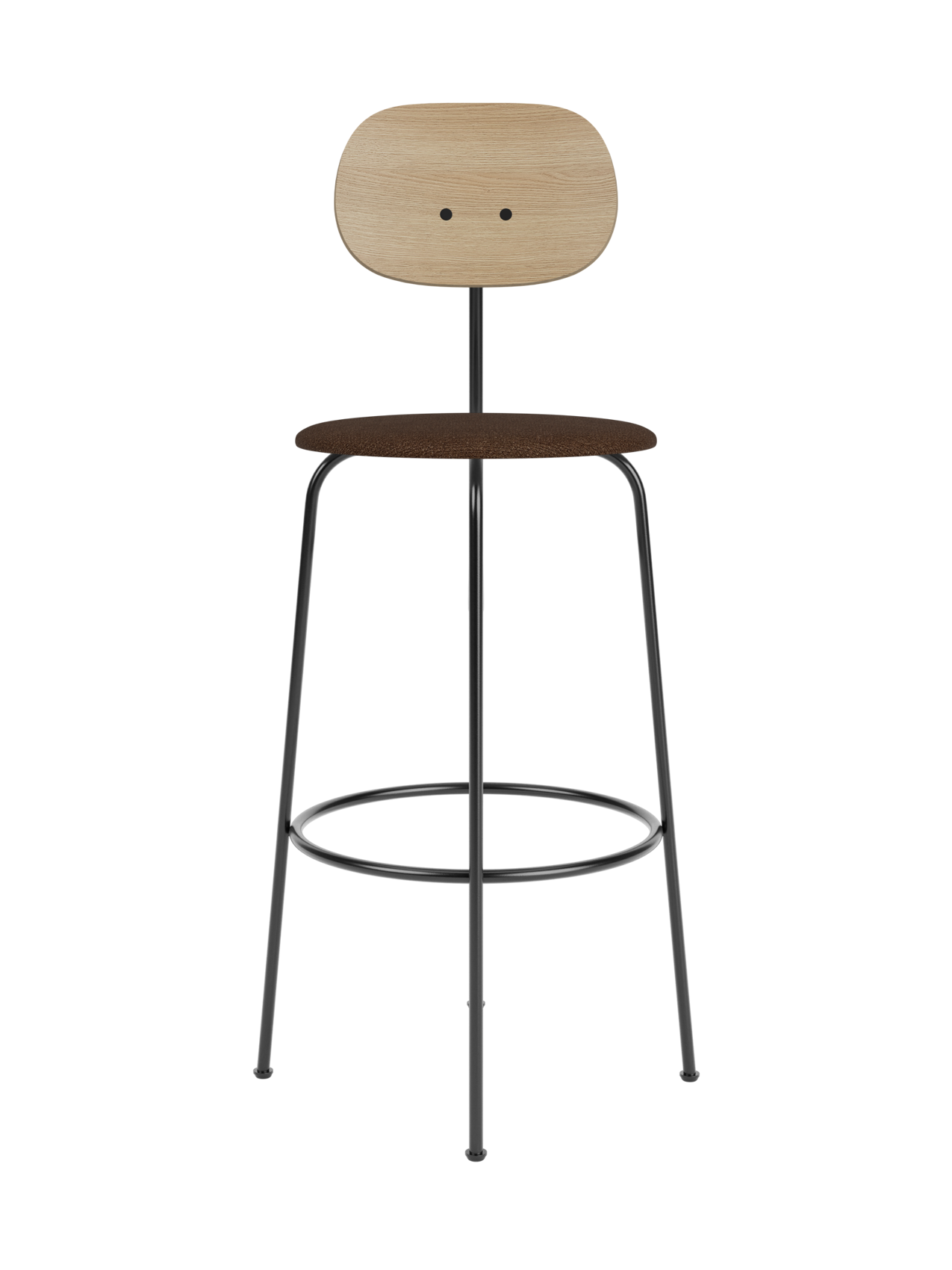 Afteroom Bar Chair Plus featuring a natural oak backrest and brown bouclé seat on a slender black powder-coated frame.