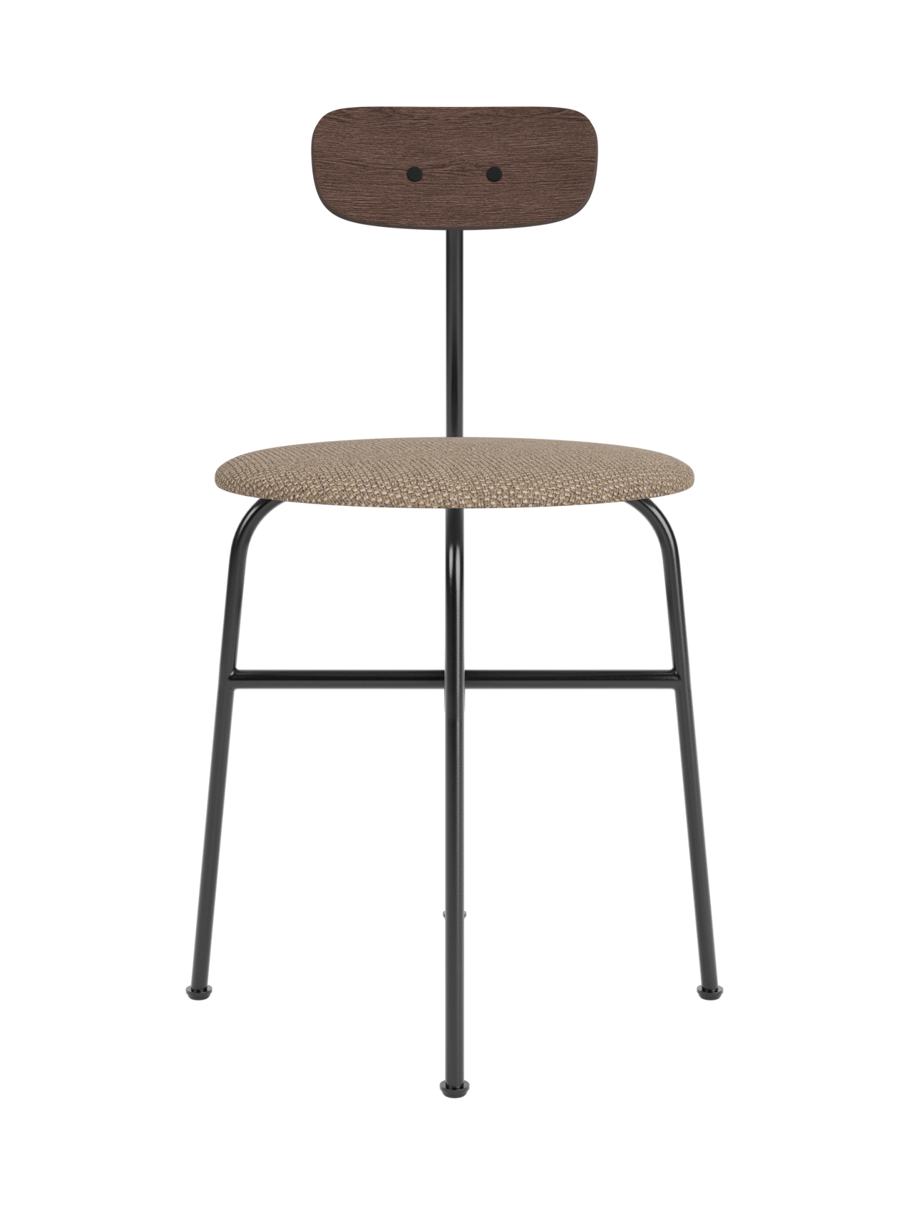 Afteroom Dining Chair with a Logan Flint upholstered seat and a dark stained oak backrest on a black steel frame.