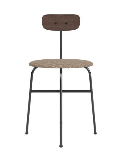 Afteroom Dining Chair with a Logan Flint upholstered seat and a dark stained oak backrest on a black steel frame.