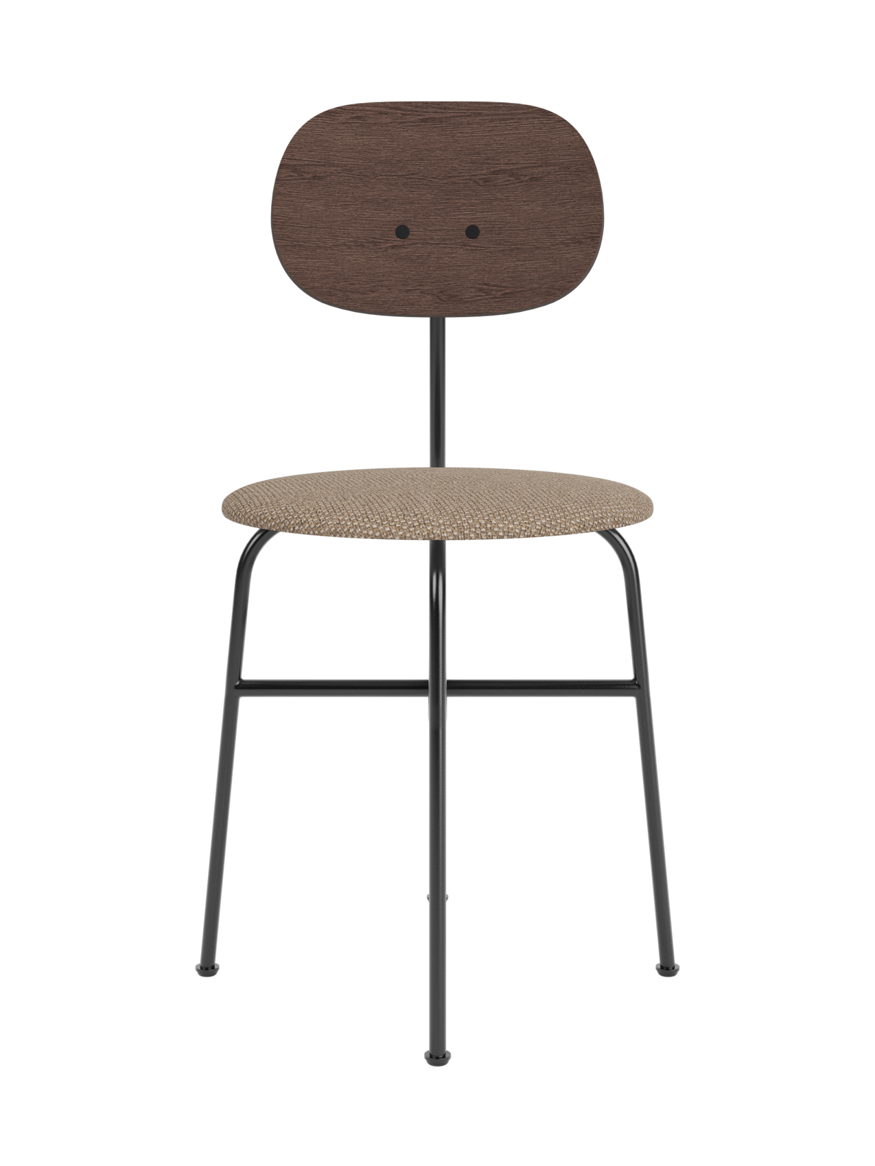 Afteroom Dining Chair Plus featuring a dark stained oak backrest and Logan Flint upholstery on a black steel frame.