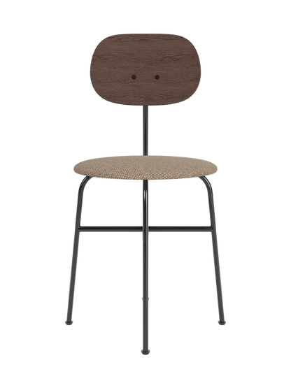 Afteroom Dining Chair Plus featuring a dark stained oak backrest and Logan Flint upholstery on a black steel frame.