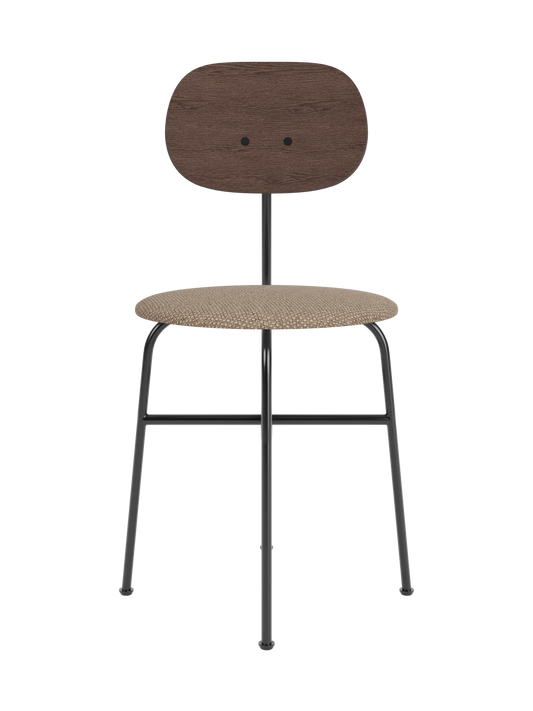 Afteroom Dining Chair Plus featuring a dark stained oak backrest and Logan Flint upholstery on a black steel frame.