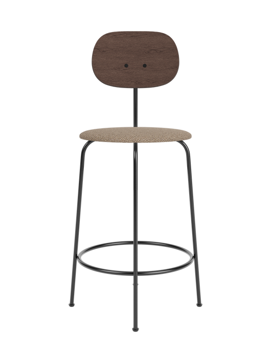 Afteroom Counter Chair Plus with dark stained oak backrest, Logan Flint upholstered seat and black powder-coated frame.