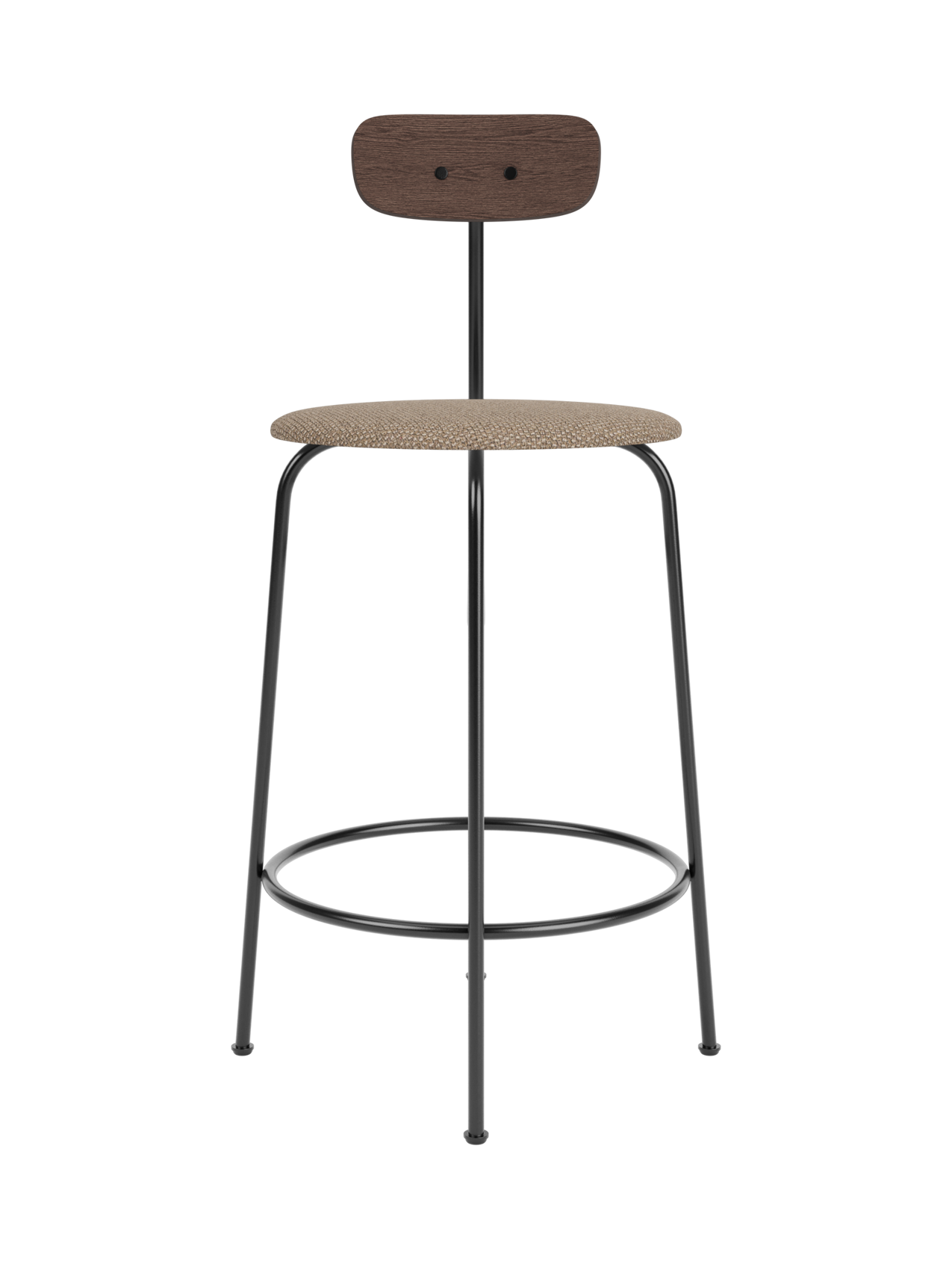Afteroom Counter Chair with dark stained oak backrest, Logan Flint upholstered seat and slim black steel frame.