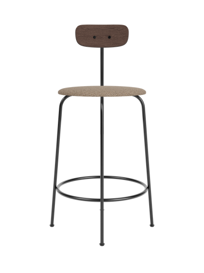 Afteroom Counter Chair with dark stained oak backrest, Logan Flint upholstered seat and slim black steel frame.
