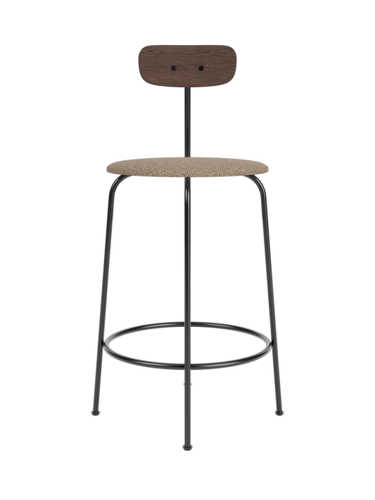 Afteroom Counter Chair with dark stained oak backrest, Logan Flint upholstered seat and slim black steel frame.