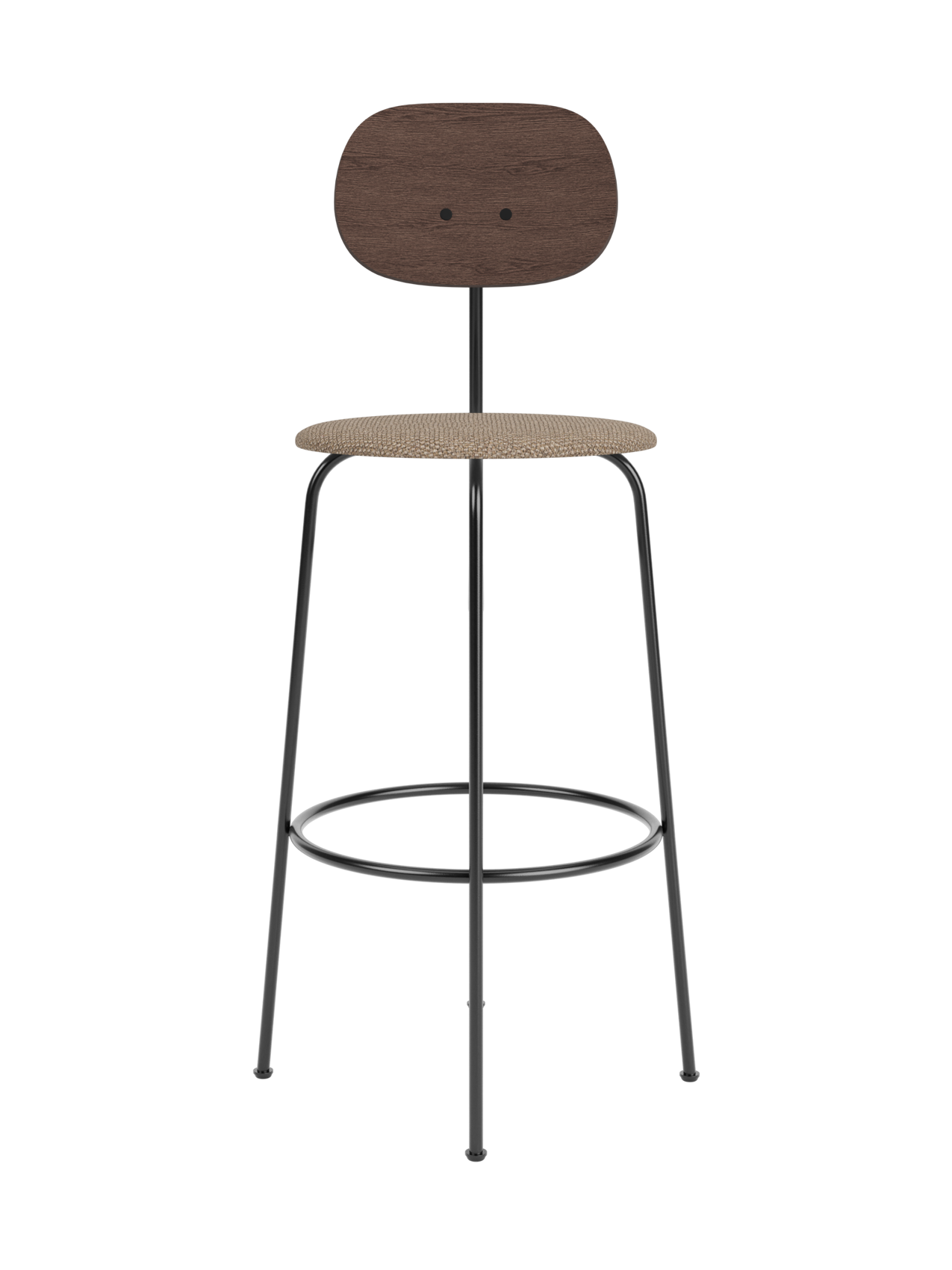 Afteroom Bar Chair Plus with dark stained oak backrest and Logan Flint upholstered seat on a black metal frame.