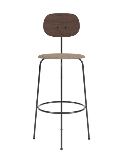 Afteroom Bar Chair Plus with dark stained oak backrest and Logan Flint upholstered seat on a black metal frame.