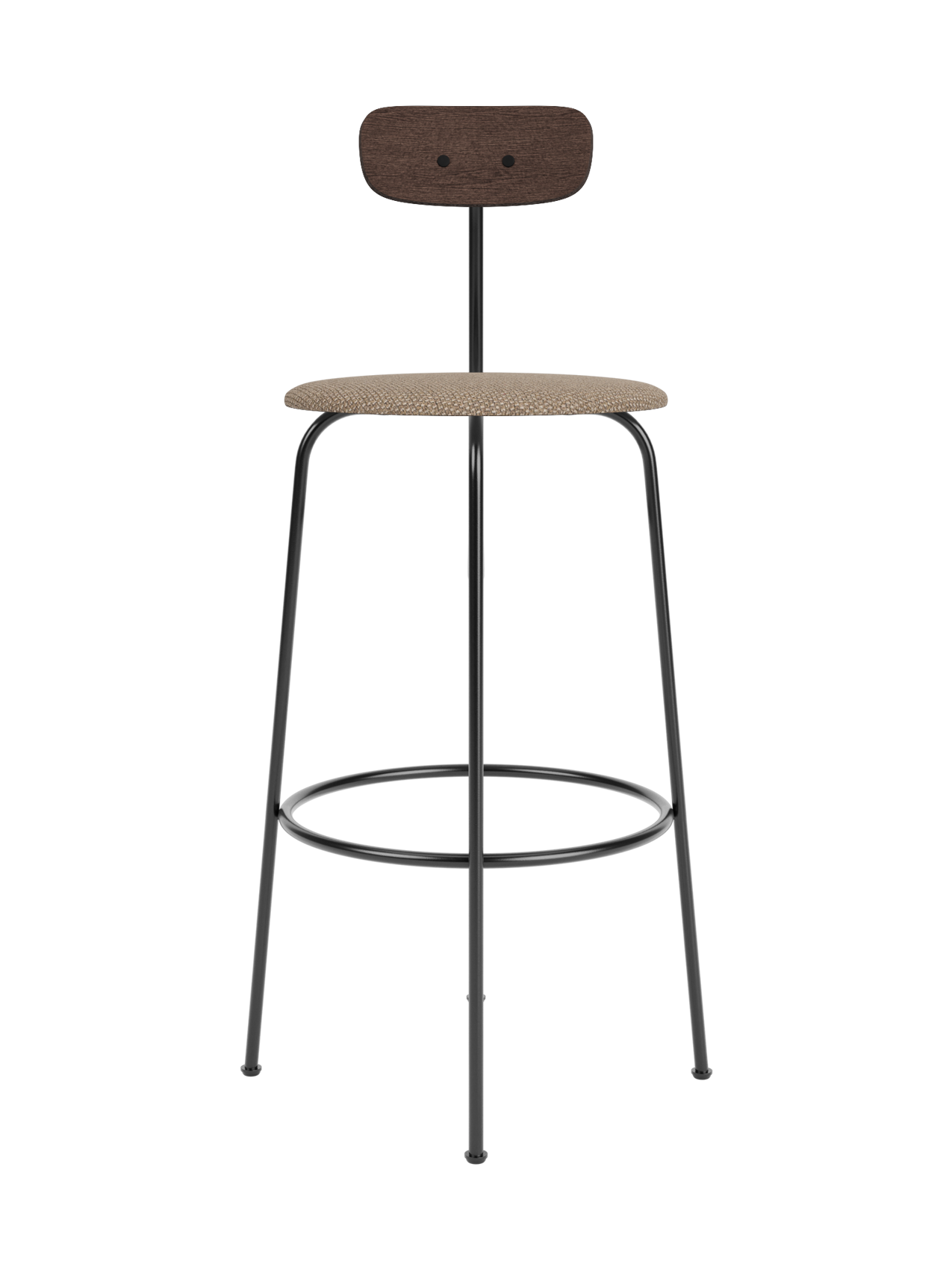Afteroom Bar Chair, Seat Upholstered in Logan Flint with a dark stained oak backrest and a minimalist black steel frame.