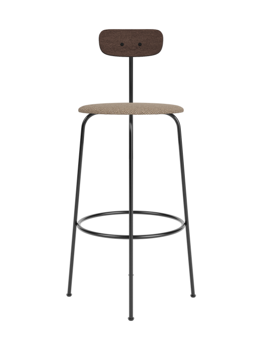 Afteroom Bar Chair, Seat Upholstered in Logan Flint with a dark stained oak backrest and a minimalist black steel frame.