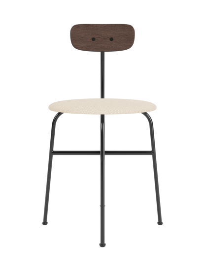 Afteroom Dining Chair with a Logan Jasmine upholstered seat, dark stained oak backrest and black steel frame.