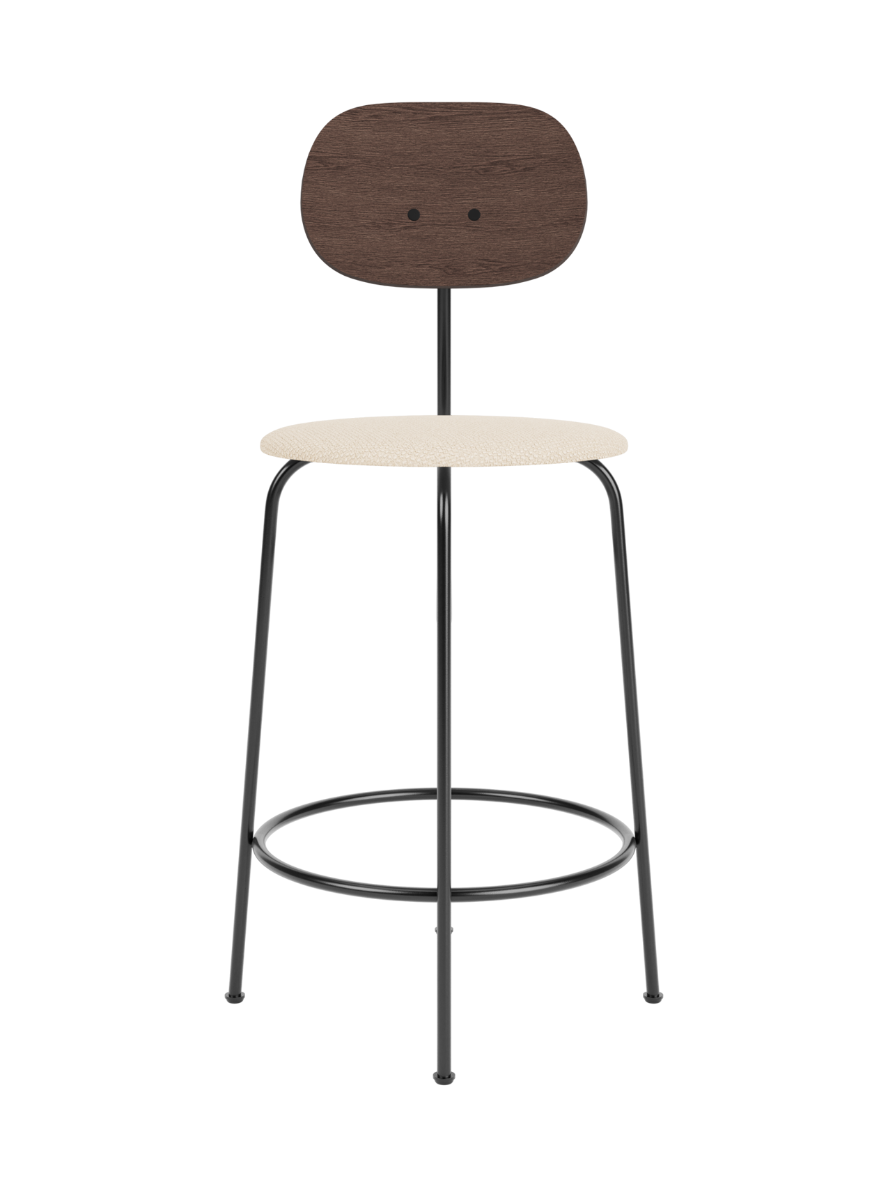Afteroom Counter Chair Plus with a dark stained oak backrest and Logan Jasmine upholstered seat on a black metal frame.