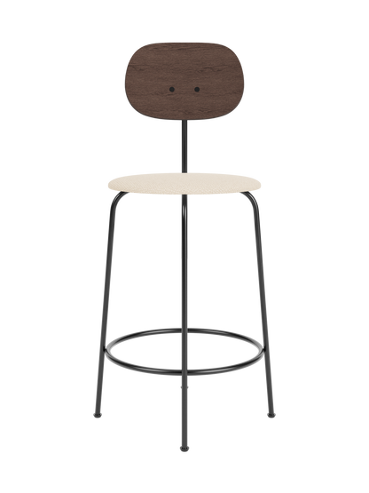 Afteroom Counter Chair Plus with a dark stained oak backrest and Logan Jasmine upholstered seat on a black metal frame.